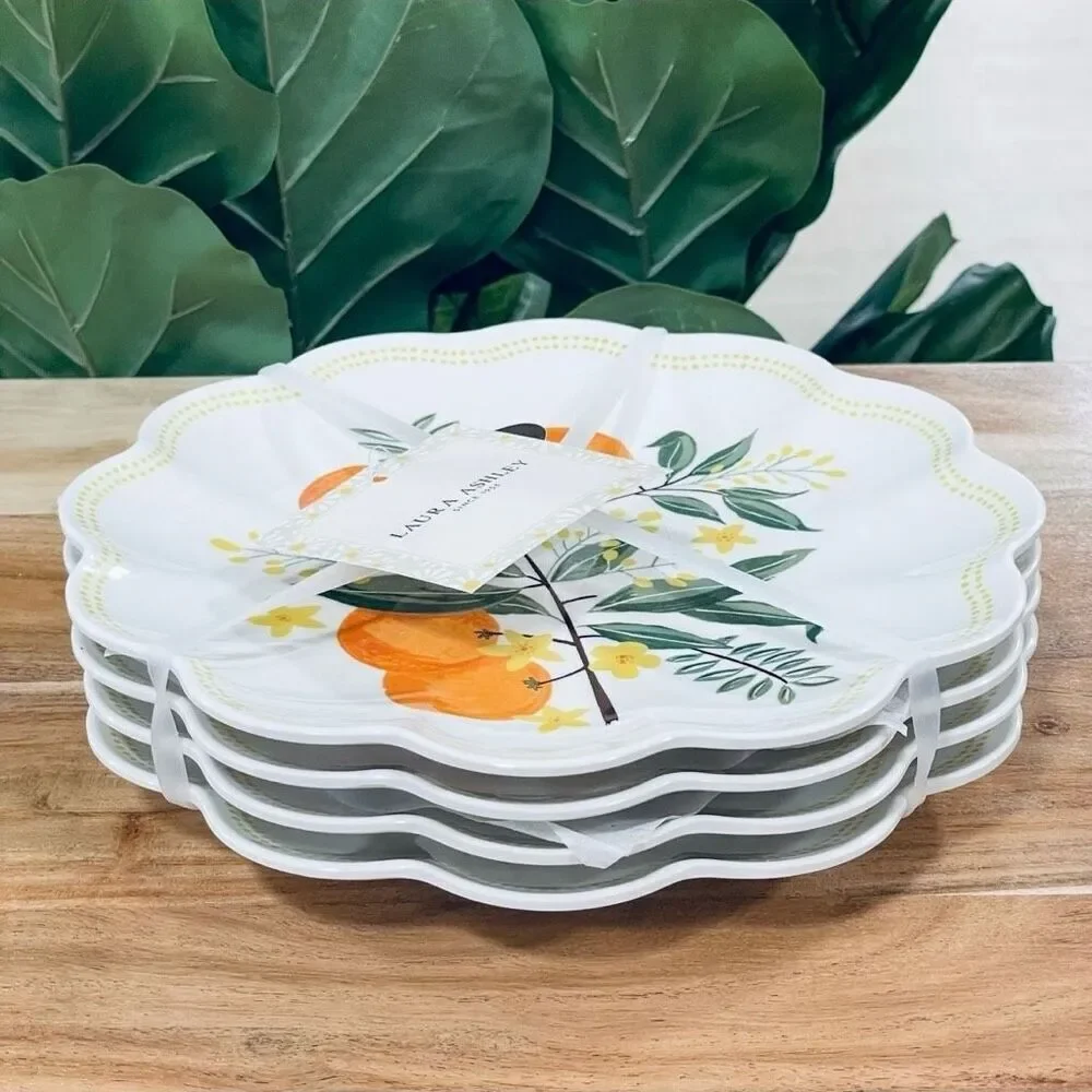 NWT Gorgeous Laura Ashley Set of 4 White Oranges Melamine Salad 9” Plates